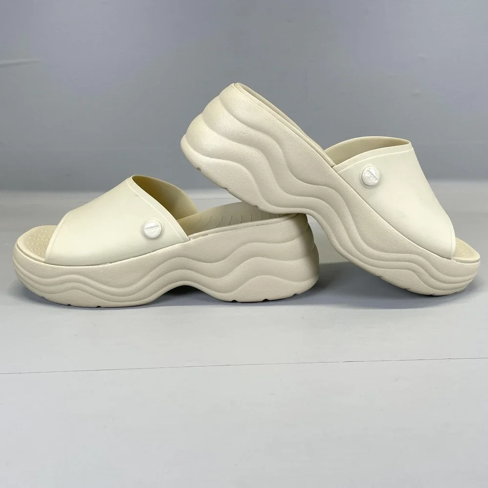 Crocs Skyline Slides Womens Size 7 Cream Platform Wedge Sandals Slip On Shoes